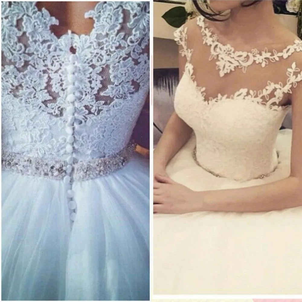 

2015 Elegant Jewel Appliqued Lace Cap Sleeve Beaded Puffy Princess Wedding Dresses