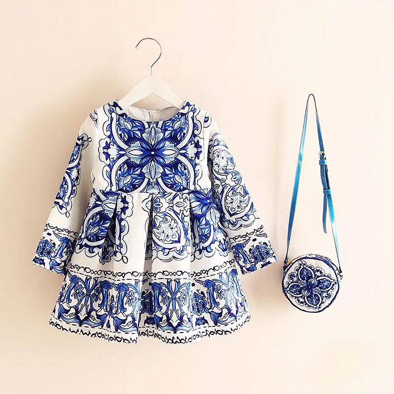 Long Sleeve Dress Girl Christmas Dress 2018 Autumn Winter Floral Print Toddler Girl Dresses Kids Clothes Children Dress with Bag floral print tee dress