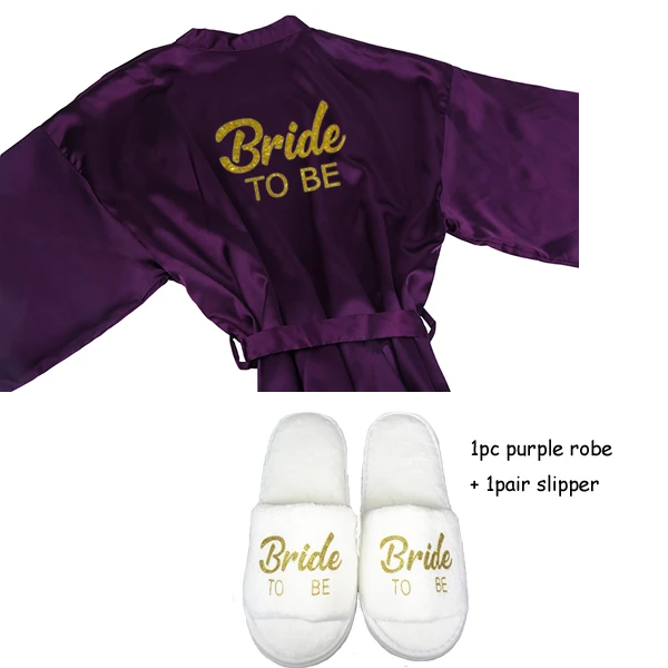 Sisbigdey/комплект из 3 предметов для невесты; халат атласный; шлёпанцы; Атласный халат с поясом; Женская Блестящая свадебная одежда золотого цвета; вечерние кимоно - Цвет: purple 2pc set