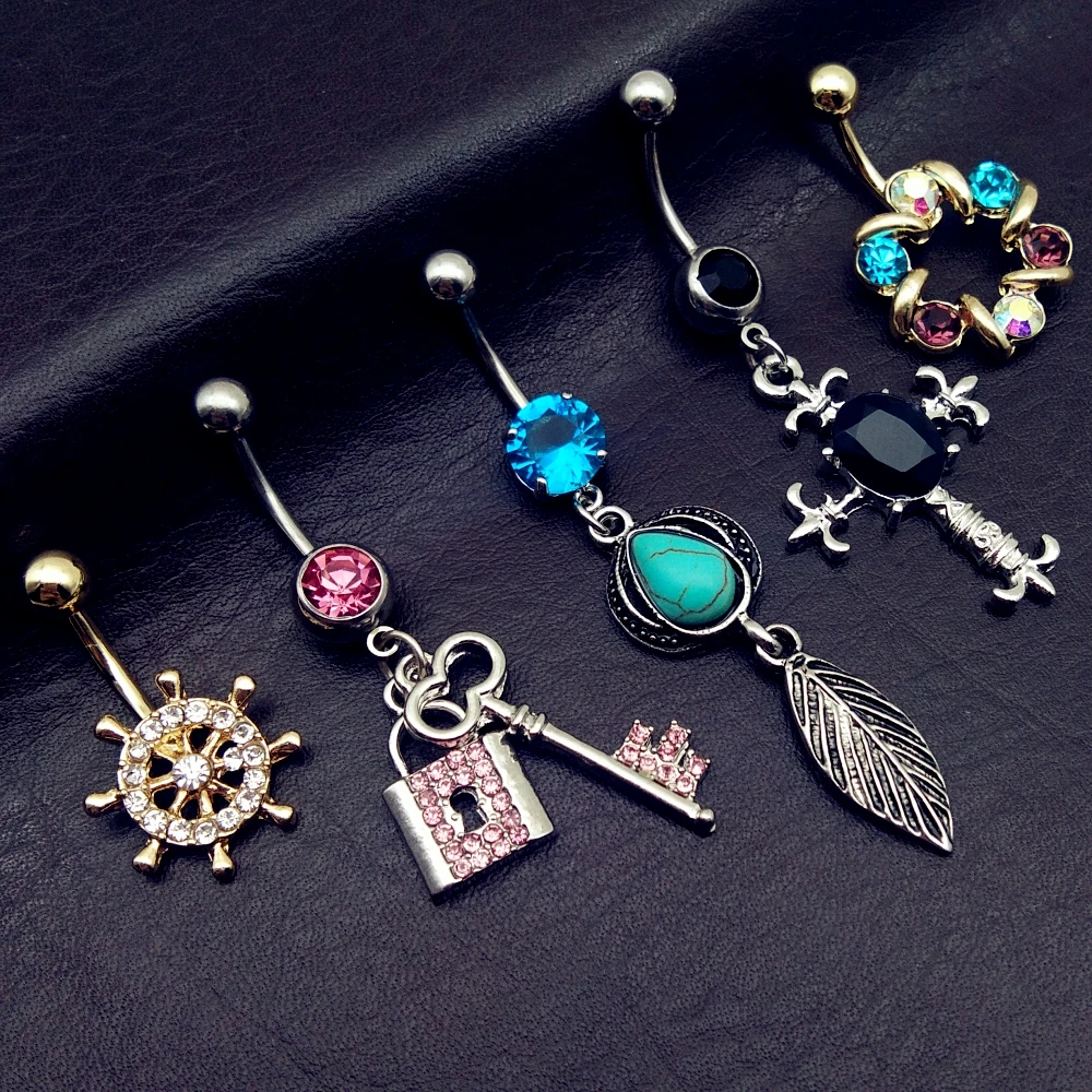

5pcs mix style black cross pink key rudder dangle navel belly bar button rings steel body piercing jewelry cheap