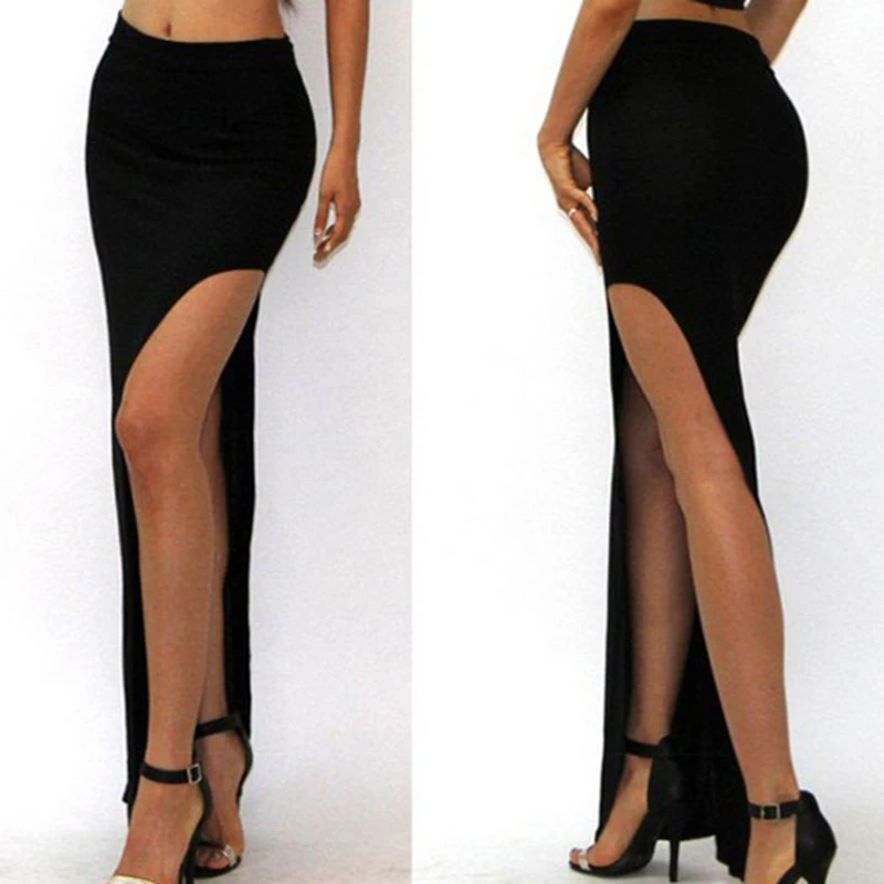 Новые модные очаровательные сексуальные женские длинные юбки, открытая боковая юбка с разрезом, длинная юбка с высокой талией и высоким разрезом, юбка макси черного цвета