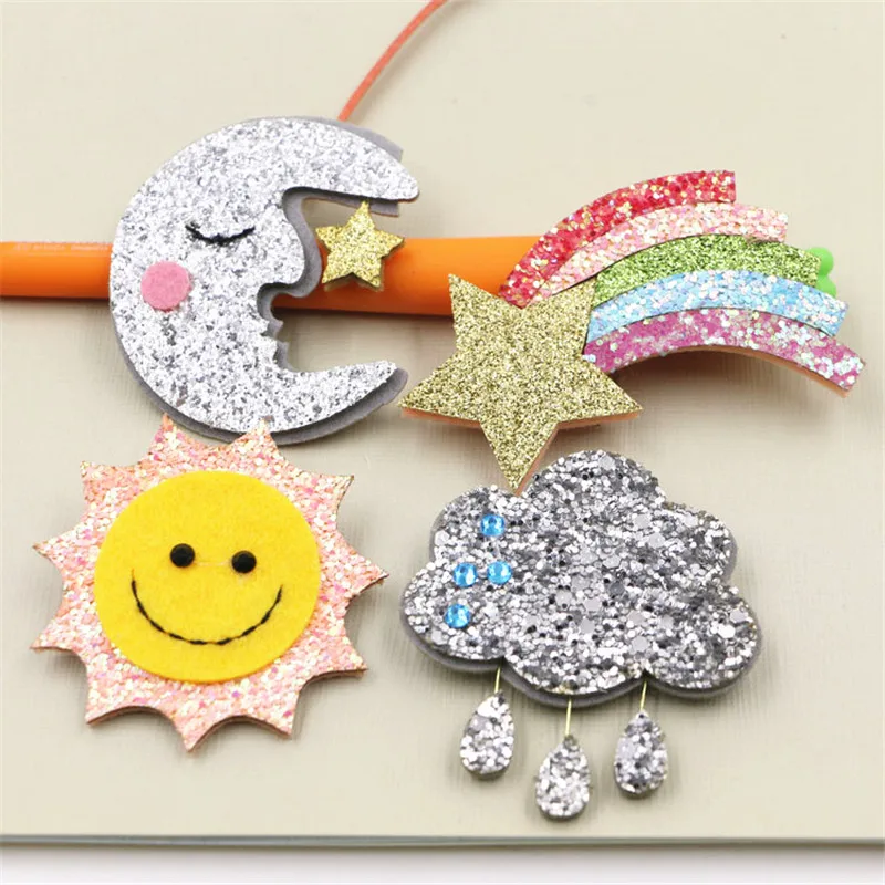 

20PCs Glitter Kawaii Handmade Felt Moon Sun Cloud Rainbow Button Patch Sticker Craft Girls Hair Jewelry Meterial Accessories