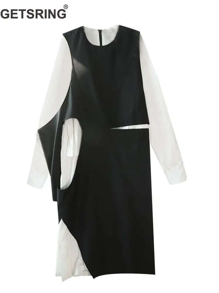 

GETSRING Woman Dresses Irregular Ruffle Black White Color Matching Cotton Long Dress Asymmetry Fake Two Casual Dress Woman 2019