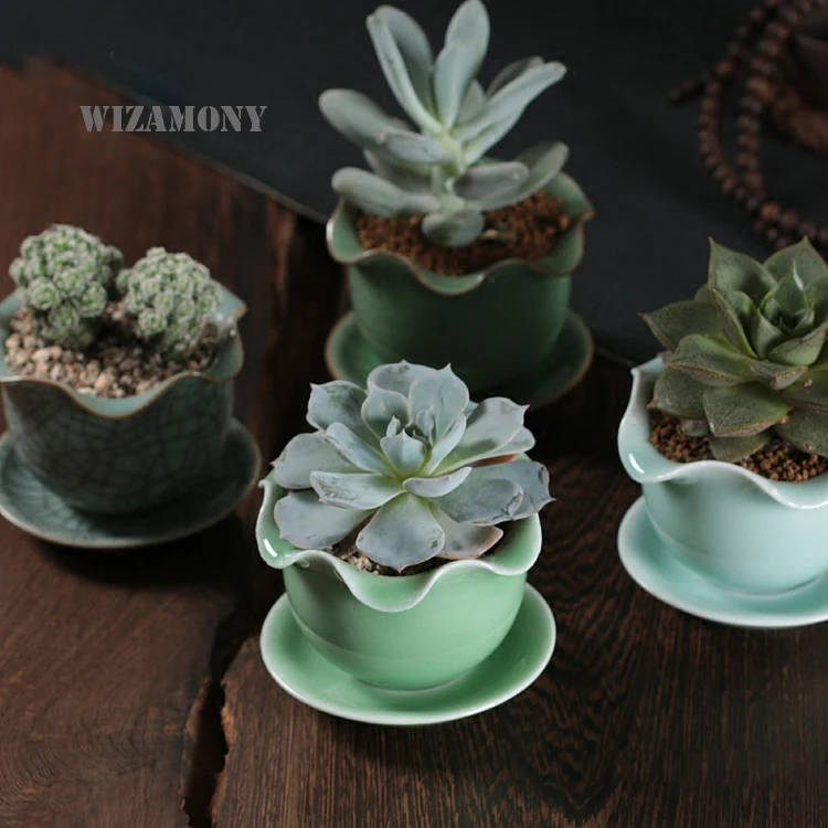

WIZAMONY Kawaii Ceramic Flowerpot Bulbasaur Planter Cute Longquan Celadon Succulent Plants Flower Pot Hole Cute Dropshipping
