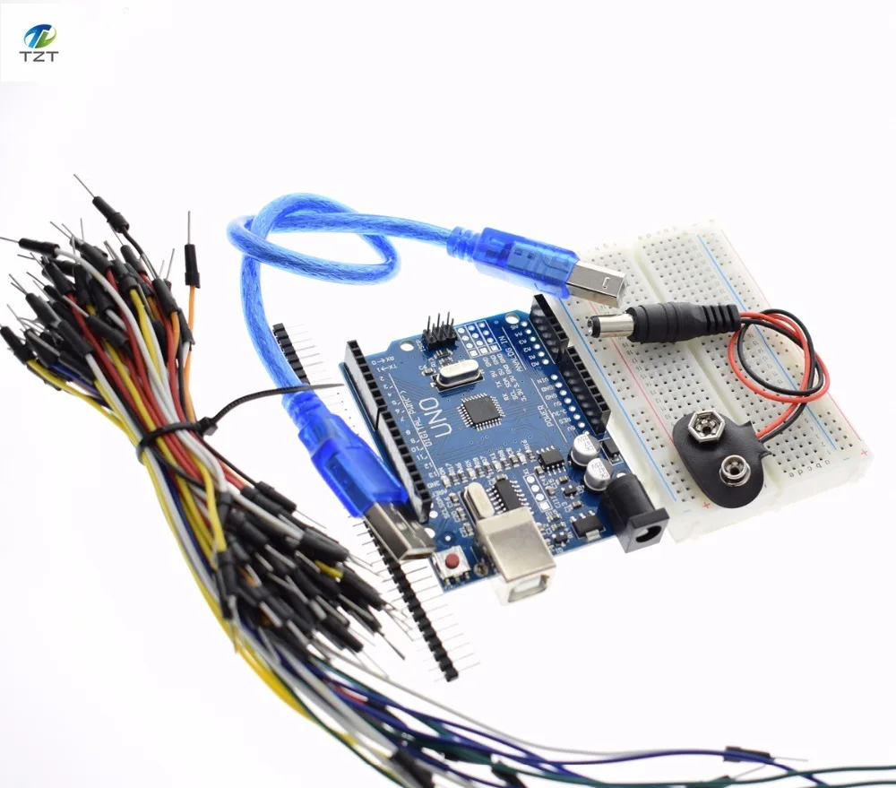 

Starter Kit for arduino Uno R3 - Bundle of 5 Items: Uno R3, Breadboard, Jumper Wires, USB Cable and 9V Battery Connector