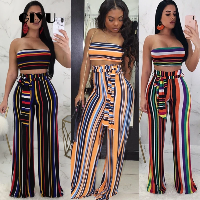 

GIYU Striped Patchwork Women Strapless Crop Tracksuits High Waist 2 Piece Set Wide Leg Pants Sashes Overalls ensemble femme 2019