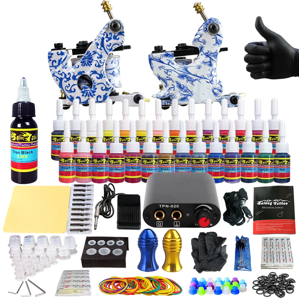 

Solong Tattoo complete professional 2 tattoo Machine Guns set Tattoo Kit 28 Inks Needle Grips power supply TK204-32