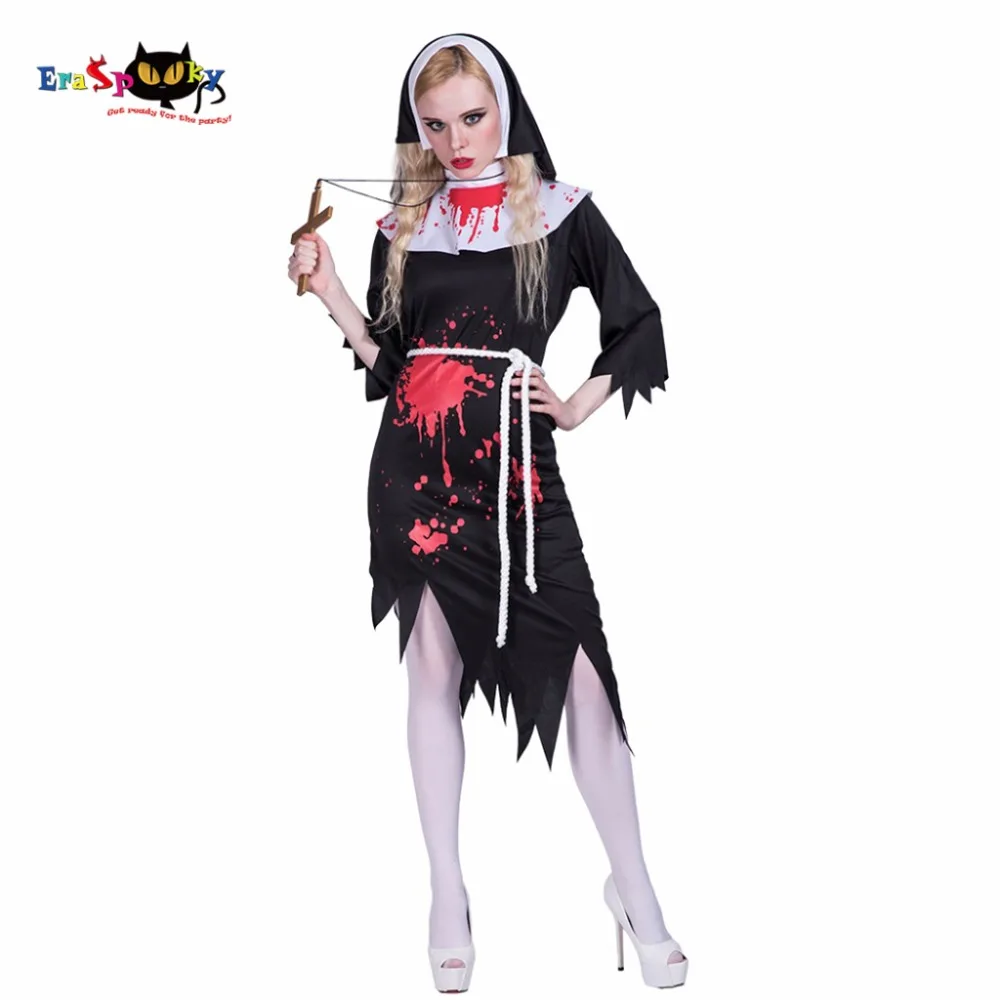 

Female Sexy Irregular Black Dress 4 Piece Hood Dress Belt Leggings Set Adult Party Cosplay Bloody Nun Halloween Costume Women