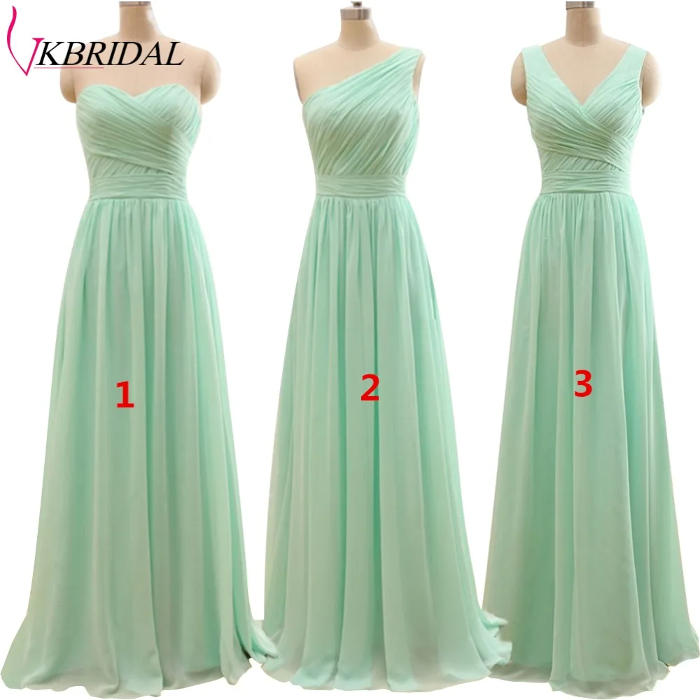 New Arrival 3 Styles A Line Mint Green Long Chiffon Pleated Bridesmaid