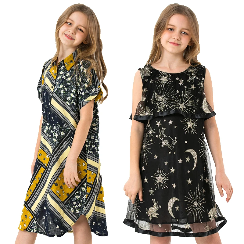 Teenage Girls Dress Chiffon Lace Children Princes Dress Summer Black ...