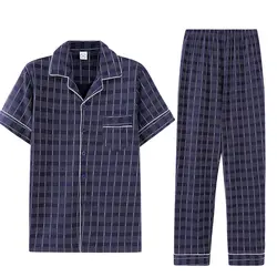 Мужская пижама с коротким рукавом лето 100% Хлопок Turn-Down Воротник Плюс Размер L-3XL Мужская домашняя одежда короткий топ + длинные брюки