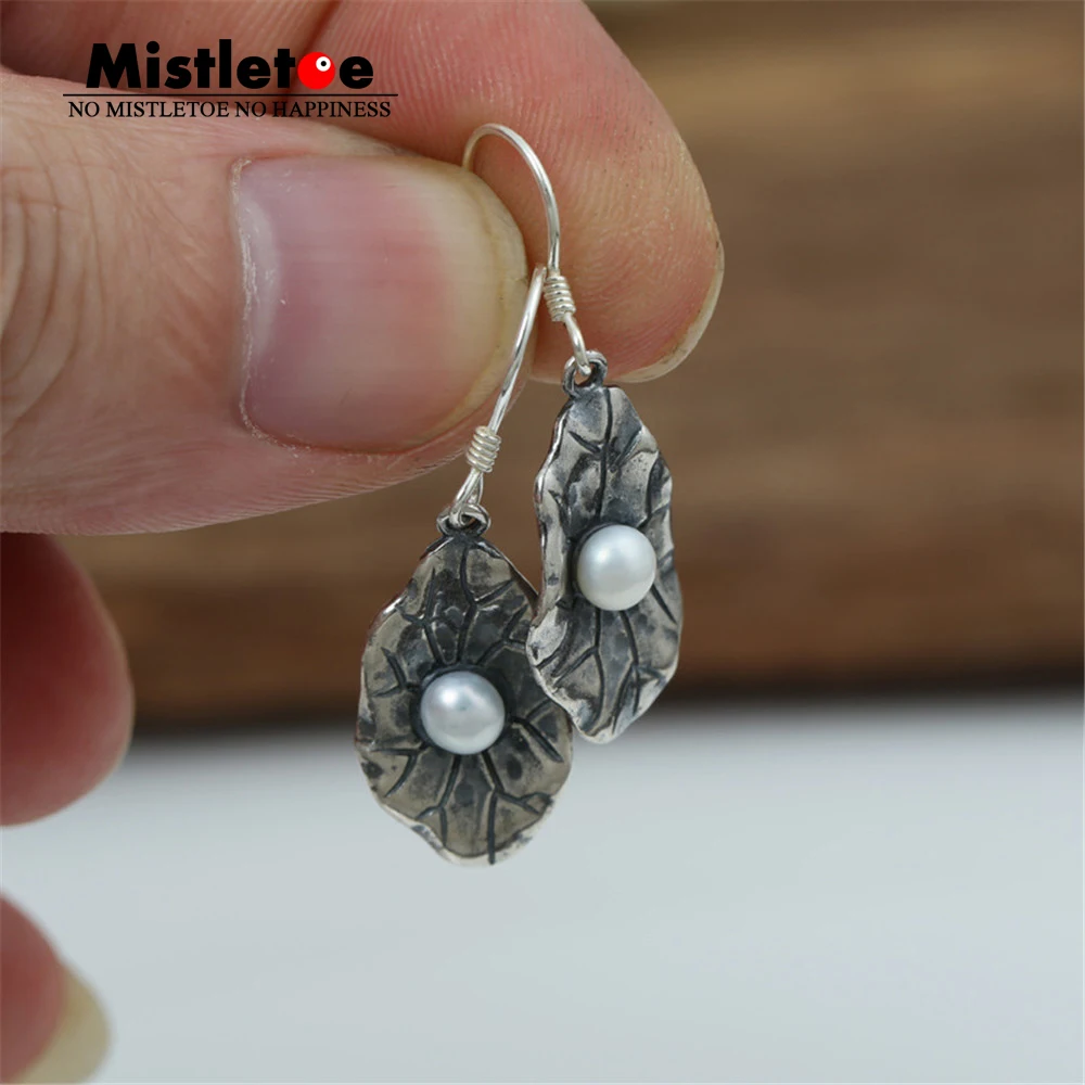 

Authentic 925 Sterling Silver Vintage Punk Lotus leaf With Pearl Drop Earrings For Women Or Men Jewelry