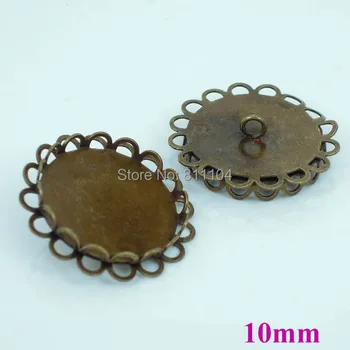 

10mm Blank Double Round Hollow Lace Bezel Cabochon Bases Settings Caps Buttons Back Loop Findings Antique Bronze Plated Brass