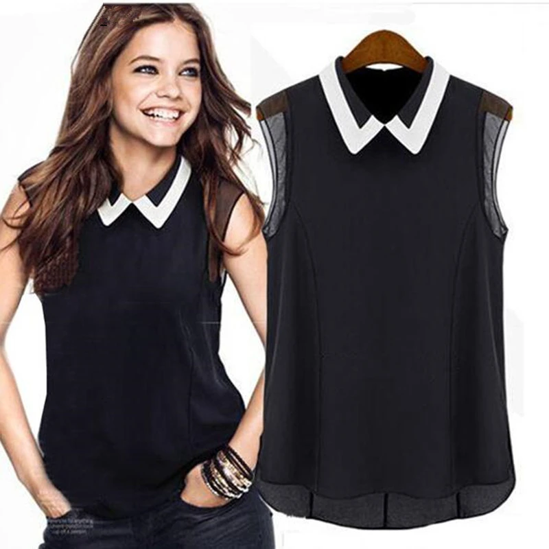 

CUHAKCI t shirt Women Summer Tops Women's Chiffon Shirts Casual Tops Turn-down Collar Tee Sleeveless White Black womens shirts