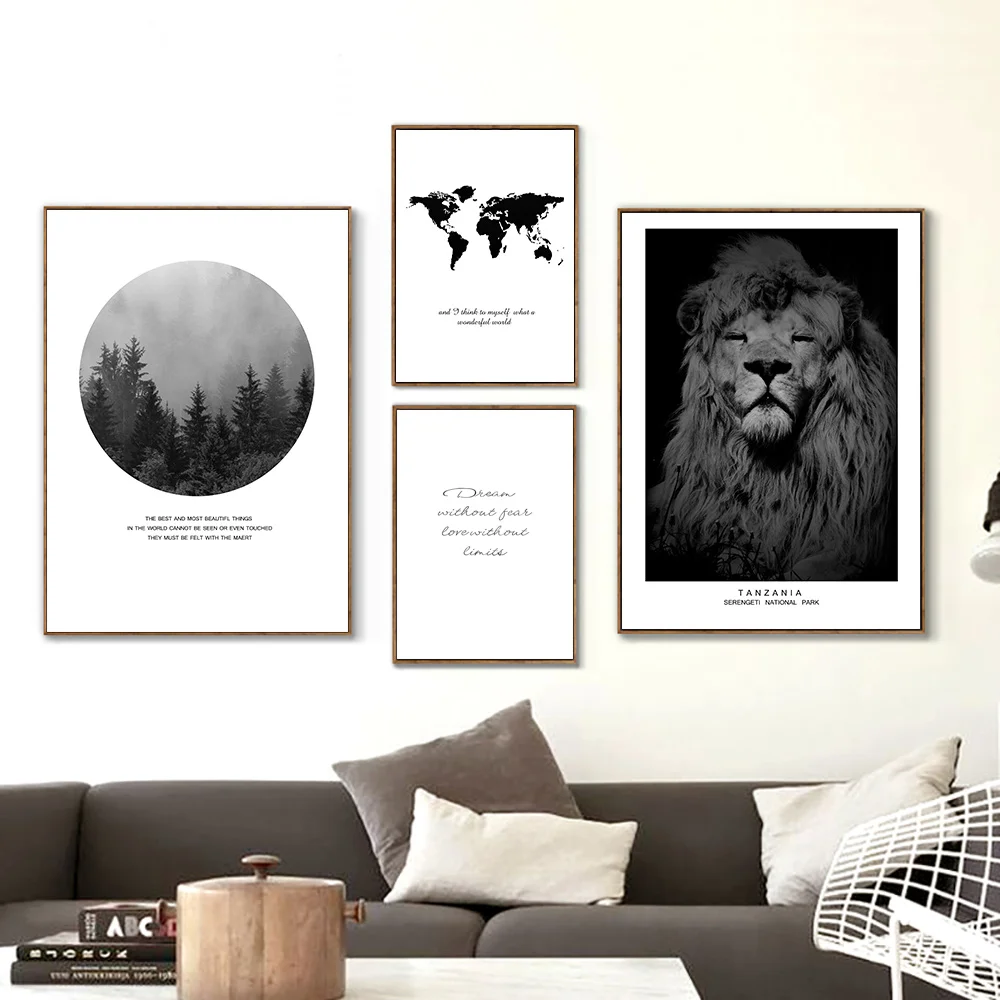 

black and white forest Wall Art Canvas Painting Mountain Poster Minimalist Decorative Picture black lion Wall Painting Unframed