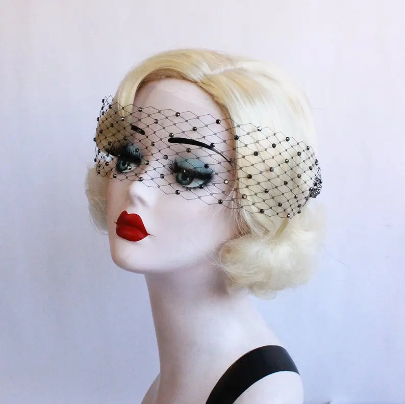

Black Blindfold Veil, Black Birdcage Veil, Swarovski Crystal, Halloween Costume, Halloween Wedding, Fetish Wear