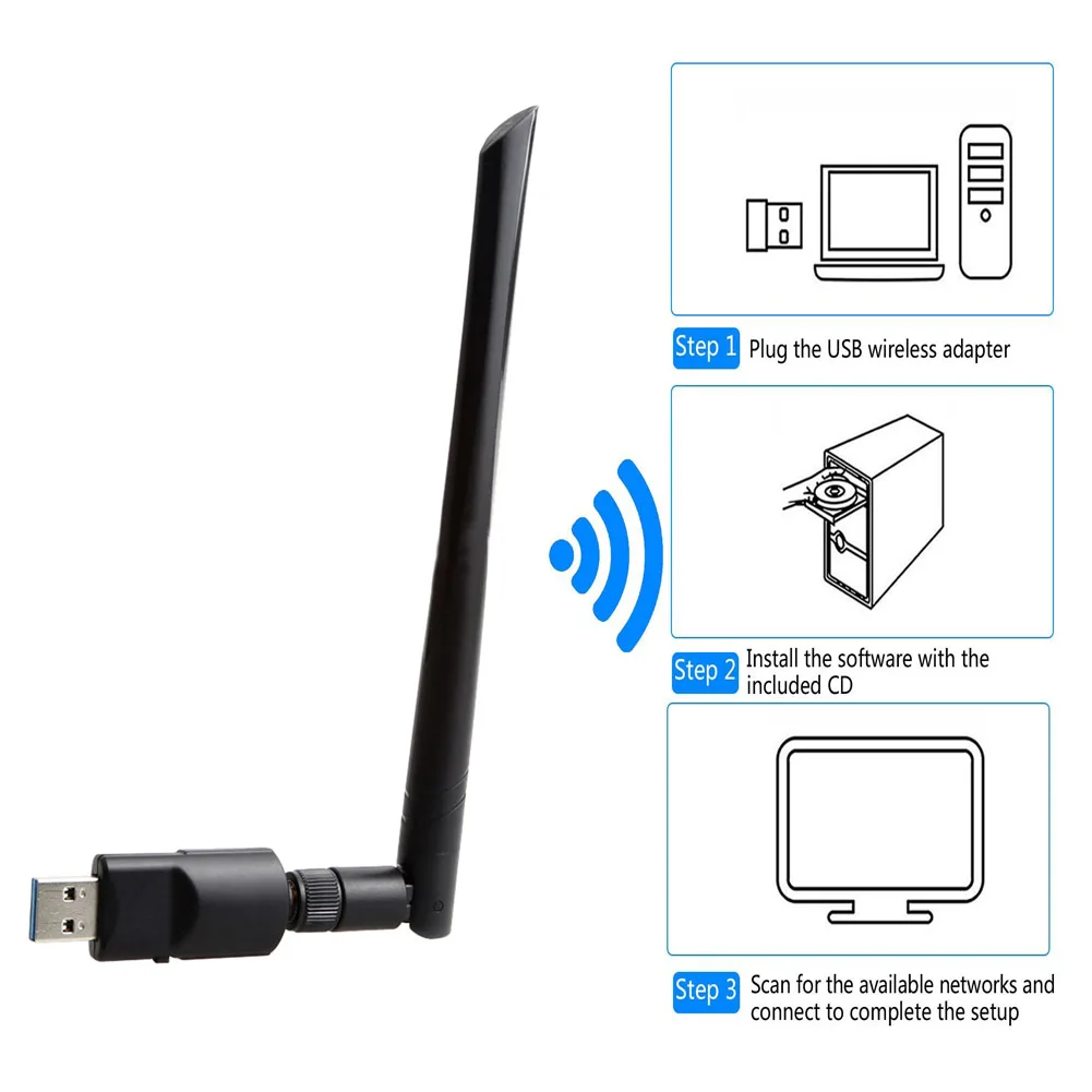 

New USB 3.0 Wireless Network Adapter USB Network Card Daul Band Wifi Antenna 2.4G/5.8G 802.11 a/b/g/n/ac EM88