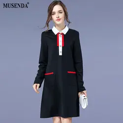 MUSENDA плюс размеры Женский, черный лоскутное лук карманы платье 2018 весна женский офисные женские туфли повседневное платья для женщи
