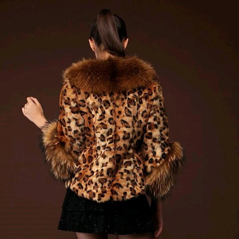 Winter Soft Leopard Raccoon Fashion Luxurious Print Leather Jacket Women Faux Fur Cardigan Dignified Elegant Loose Coat Rabbit