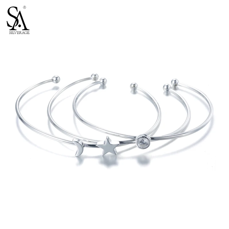 

SA SILVERAGE 925 Sterling Silver Star Cuff Bangle Bracelet for Women Fine Jewelry Three Layer 2017 New Design