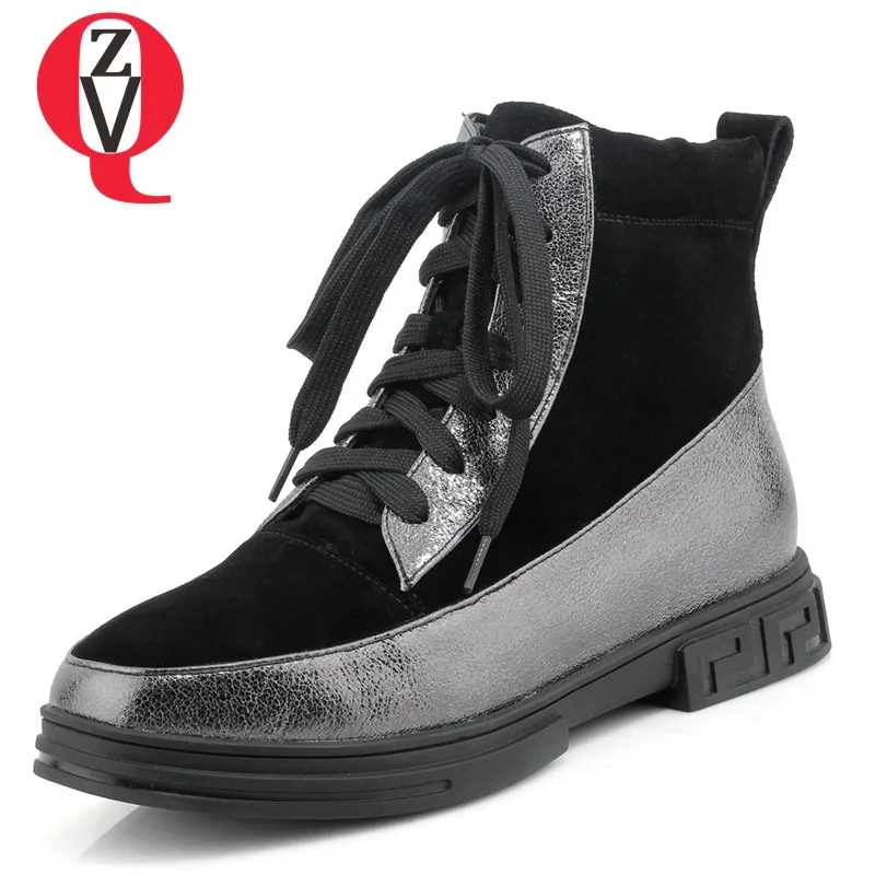 

ZVQ 2018 new fashion concise mixed colors genuine leather and flock cross-tied zipper square toe women shoes winter warm booties