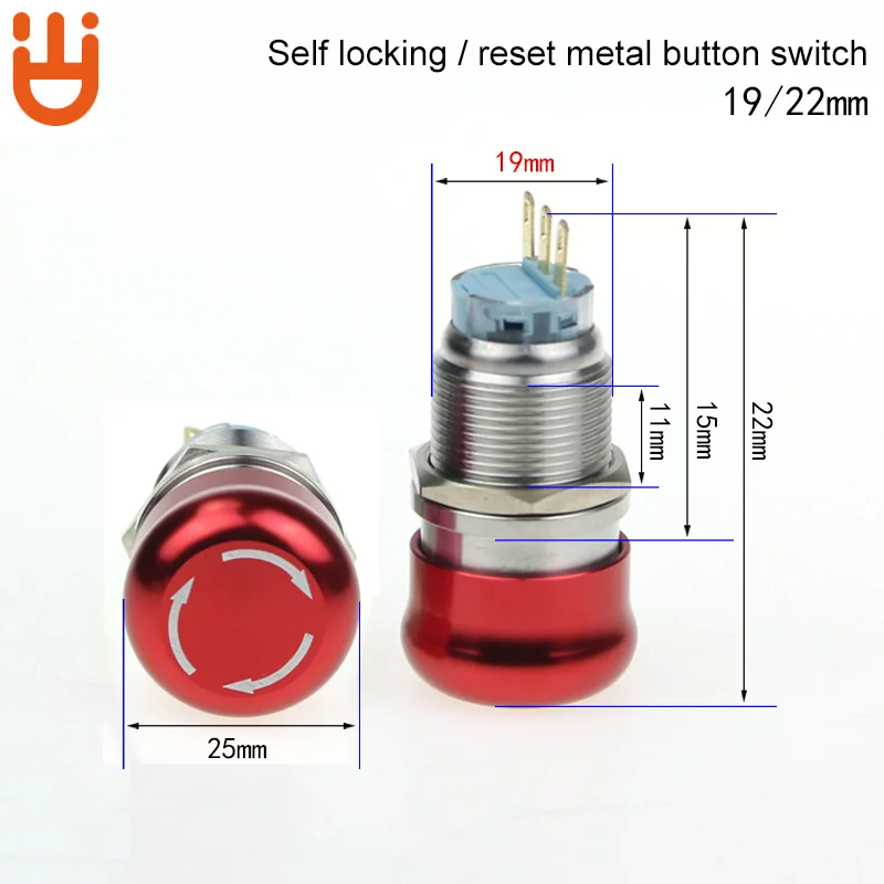 

19/22 mm metal mushroom head emergency stop button switch stainless steel case aluminum head rotary switch high quality