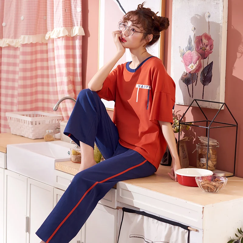 Summer Knitted Cotton Women Pajamas Set Short Tops+Long Pants Sleepwear Round Neck Big Size M-XXL Ladies Homewear Clothing Summer Knitted Cotton Women Pajamas Set Short Tops+Long Pants Sleepwear Round Neck Big Size M-XXL Ladies Homewear Clothing