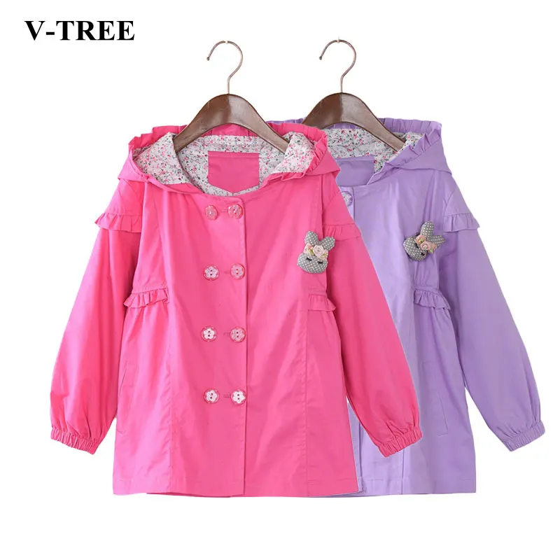

V-TREE Leisure Jacket For Girls Double Breasted Children Windbreaker Solid Girl Trench Coat Teenage 8 10 Hoodies Outerwear