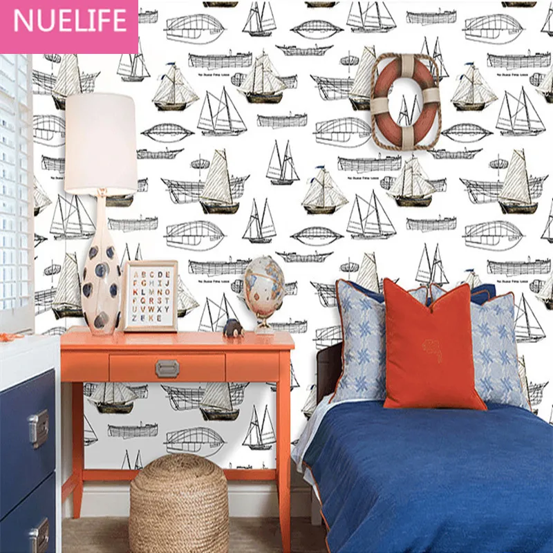 

0.53x10 meters European style sailboat pattern non-woven wallpaper boy girl bedroom living room wedding wallpaper