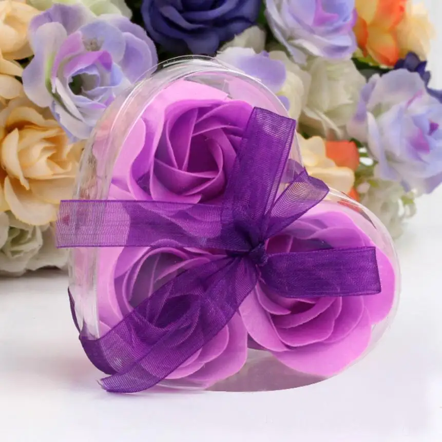 3pcs Heart Shaped Artificial Rose Soap Flower Bath Body Soap Romantic Souvenirs Valentine's Day Gifts Wedding Favor Party Decor