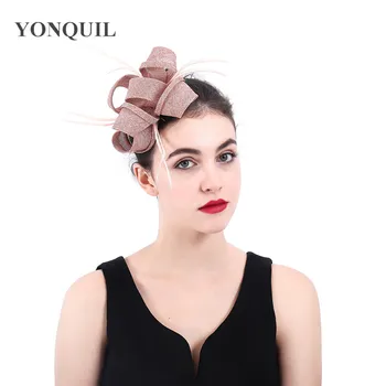 

Imitation sinamay Fascinator Women Fancy bowkn Hats 2018 New bridal Wedding Hats kentucky derby Cocktail hat with feather
