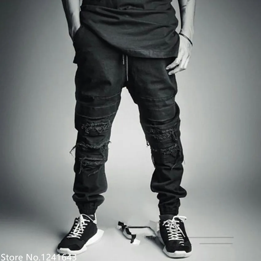 

High quality hip hop men harem jeans pants ripped jeans distressed fashion lacing Slim skateboard pants youth popular