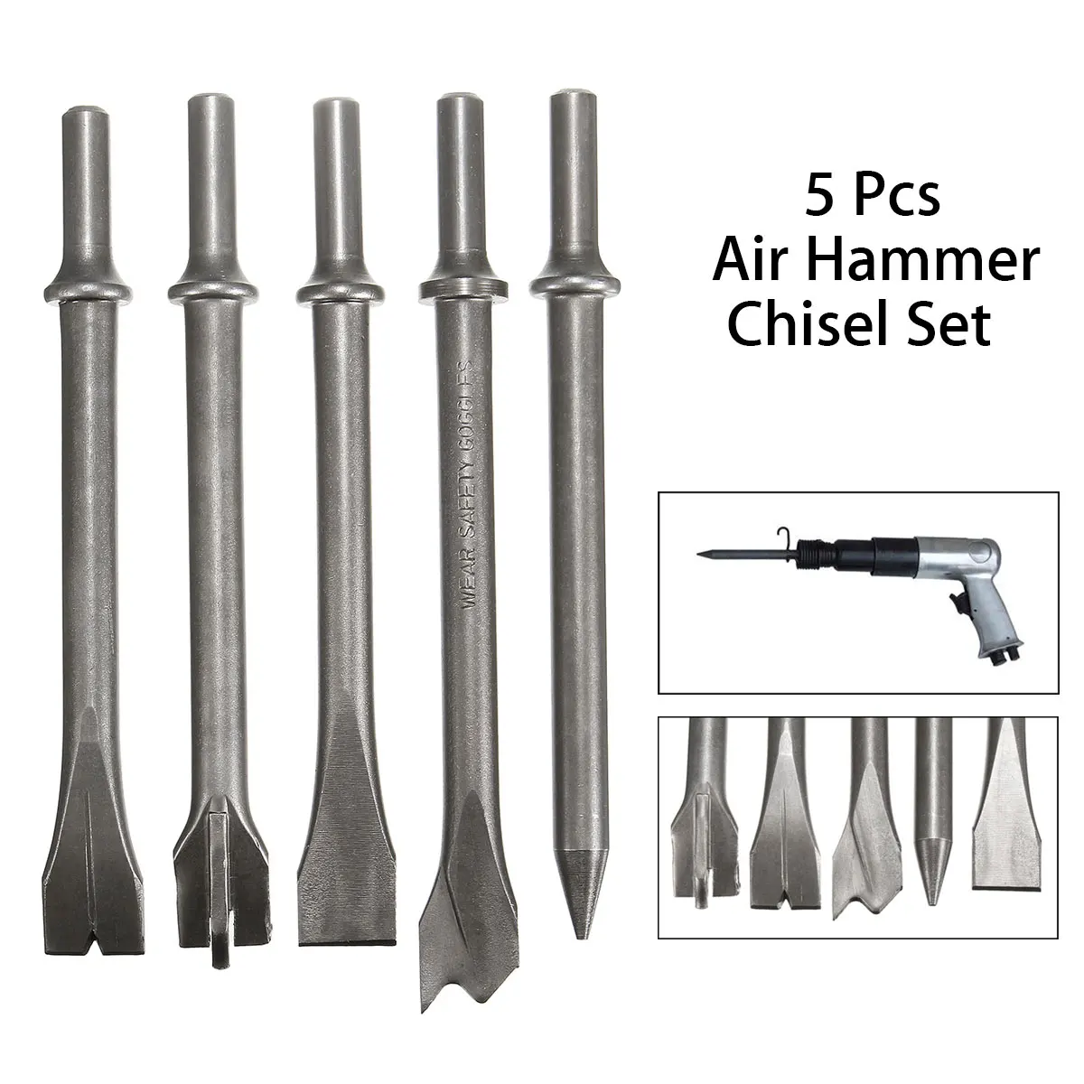 

5Pcs 7'' Air Hammer Chisel Set Pneumatic Hammer Bit Set Extra Long Air Hammer Punch Chipping Chisel Bit Set Tool .401" Shank