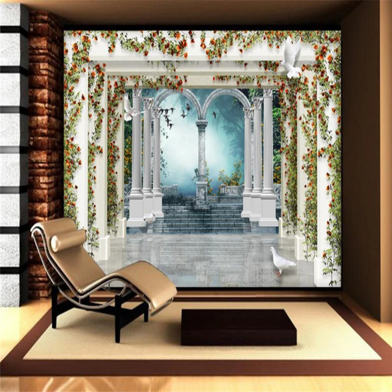 Roman column garden rose papel de parede 3D Wallpaper 3D Landscape Background Mural for Living Room Large Painting Home Decor