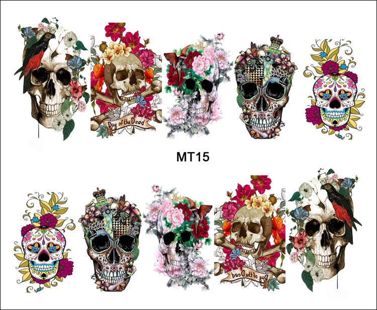 1 лист для ногтей MT15, полное покрытие, цветок, корона, череп, модный дизайн ногтей, переводная наклейка с водой, переводная наклейка для ногтей, Типсы для тату, инструменты для ногтей