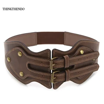 

THINKTHENDO Women's Vintage Faux Leather Elastic Stretch Band Double Retro pin Buckle Wide Waist Belt Waistband Quality Girdles