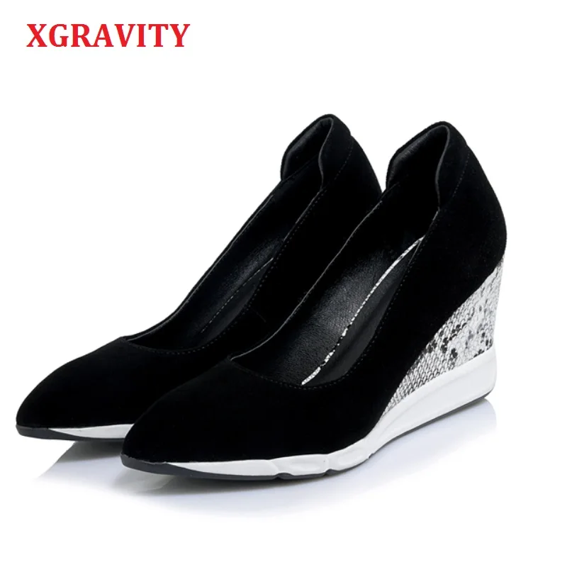 

XGRAVITY Wedge Genuine Leather Lady High Heel Dress Wedges Snakeskin Heel Pointed Toe Woman High Heels Ladies Party Shoes A062