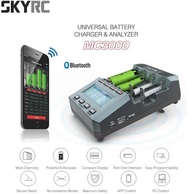 

SkyRC MC3000 Bluetooth Universal Battery Charger 18650 With LED Screen Analyzer Charging For Ni-MH Lilo NiZn Nicd AAA RC Battery