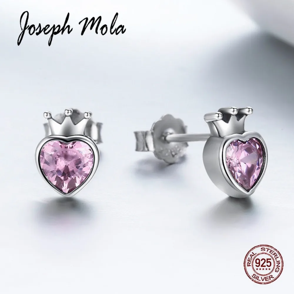 

Joseph Mola 925 Sterling Silver Crown design lovely heart Pink CZ Stone Stud Earrings for Women Party Birthday Gift Anniversary
