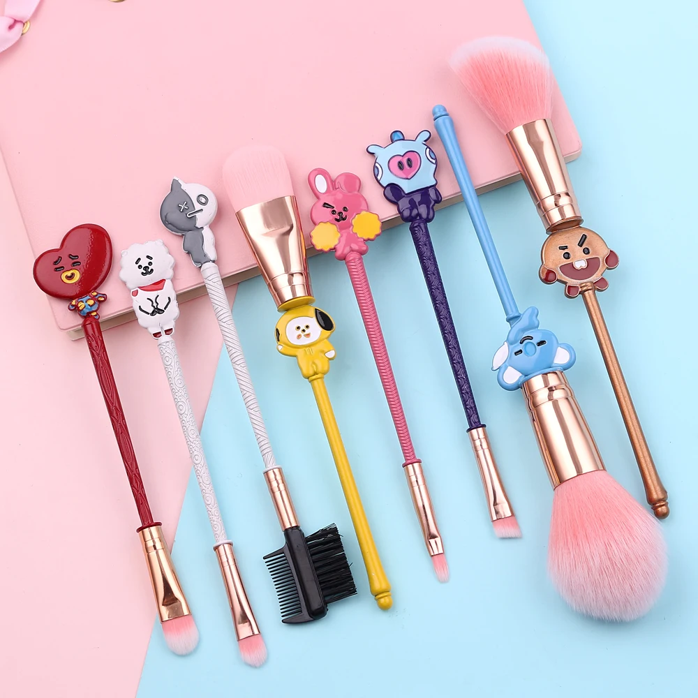 

Hot BTS Cosmetic Brush Makeup Brushes Set 8pcs Tools kit Eye Shadow Eyebrow Foundation Powder Blush Natural Synthetic Pink Hair
