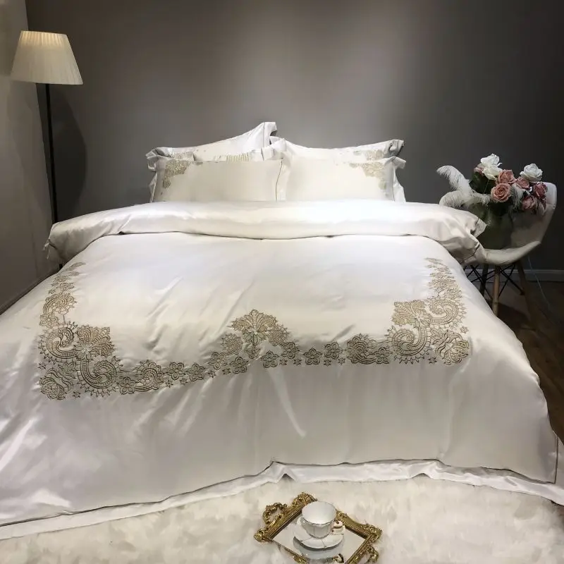 Embroidery Silver Brown White Bedding Set Queen King Size Cotton