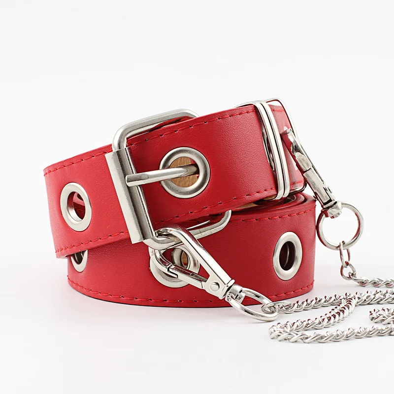 

OLOME Fashion Women Punk Chain Belt Wide Female Black Red Single Eyelet Grommet Leather Pin Buckle Jeans Dress Belt