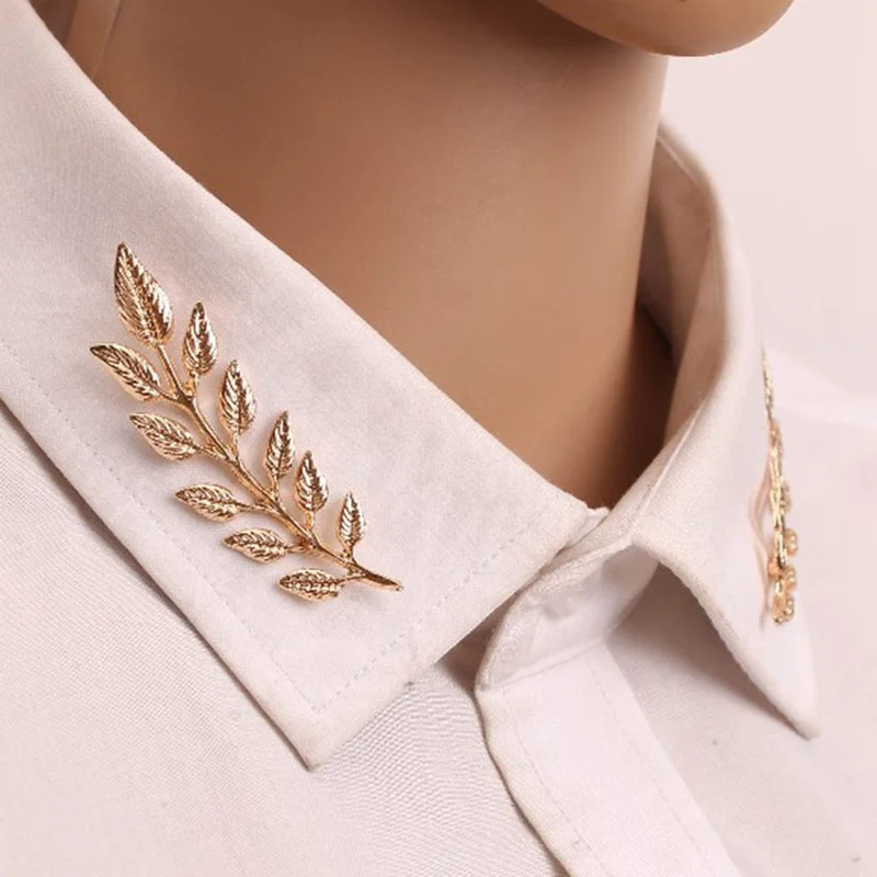 2Pcs=1Pair Women Gold Silver Color Leaf Collar Pin Creative Shirt
