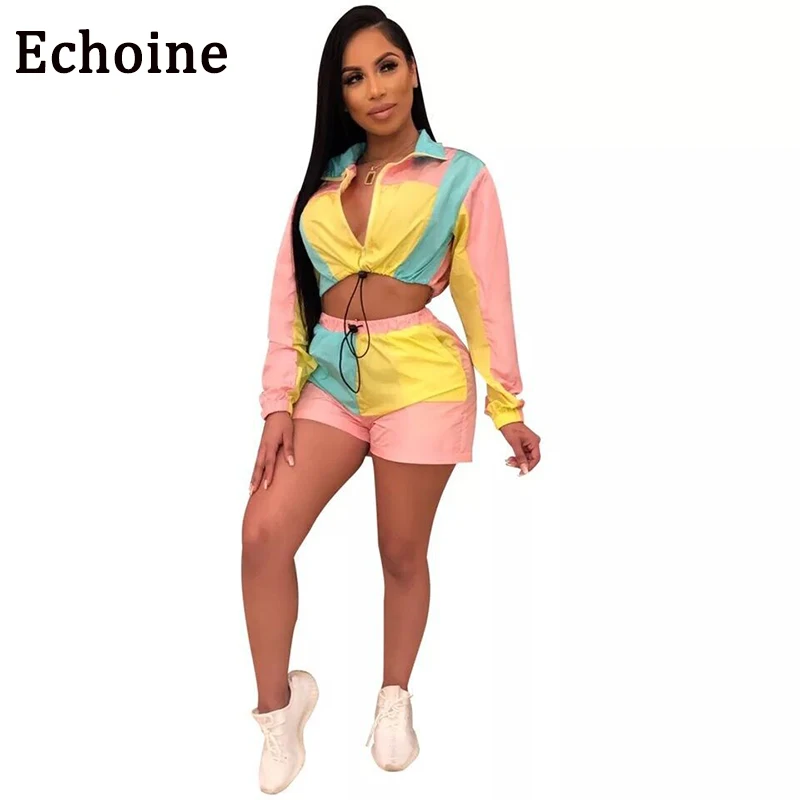

Echoine Colorful Patchwork Sexy Two Piece Outfits For Women Long Sleeve Tops+ Short With Zipper Pants Womens Tracksuit Set