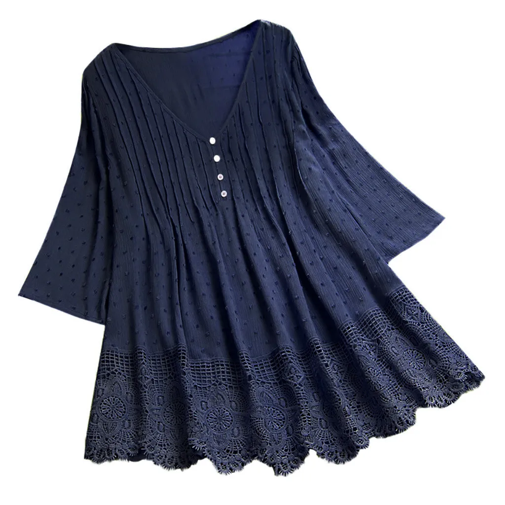 Женская блузка, Женская винтажная блузка, жаккардовая рубашка, три четверти, кружевные топы с v-образным вырезом размера плюс, топ, рубашка, женская блуза, 10 июня
