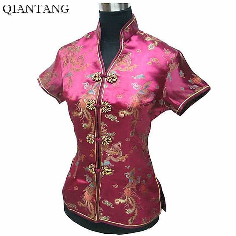 

Burgundy Female Blouse Mujeres Camisa China Lady Satin Polyester V-Neck Shirt Tops Dragon Phenix Size S M L XL XXL XXXL JY044-2