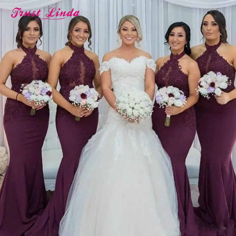 

Vestido De Festa Longo Burgundy Bridesmaid Dresses Halter Top Floor Length Appliques Bridesmaids Dresses For Women