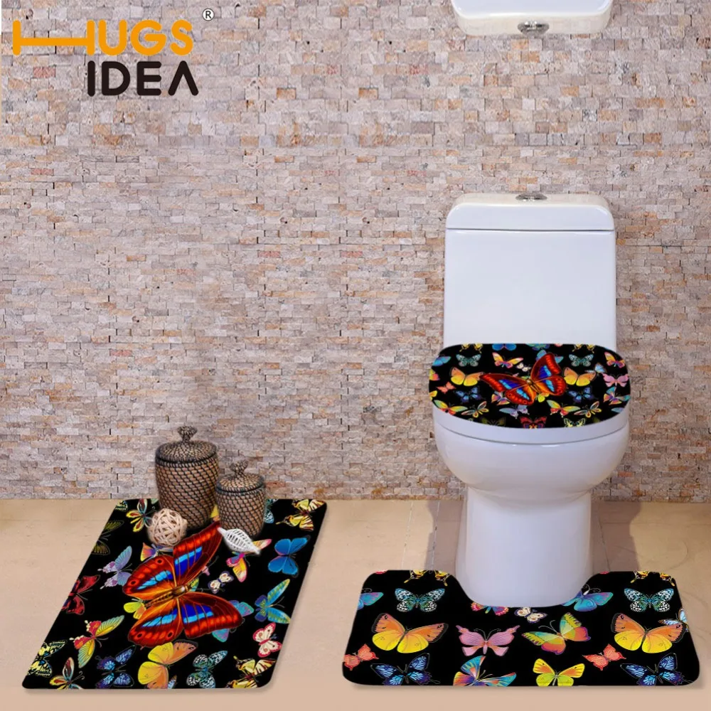 HUGSIDEA Black Printing Butterfly Toilet Seat Cover Soft Flannel Bathroom Carpet Warmer