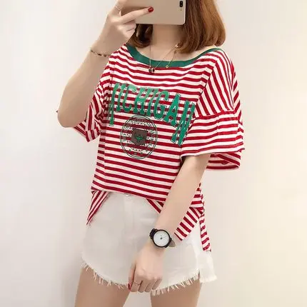 

Super fire cec striped short-sleeved t-shirt female 2019 new vintage sense girl shirt female summer loose bf student Sen
