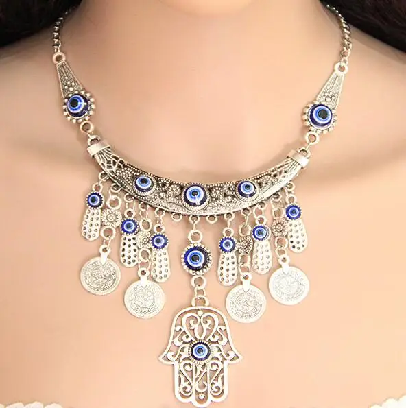 

SPX7112 New Fashion Bohemian Charming Beads Tassel Silver Palm Eye Necklaces for women collars accessories Body Jewelry